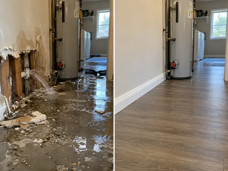 Before and after: burst pipe cleanup & floor repair